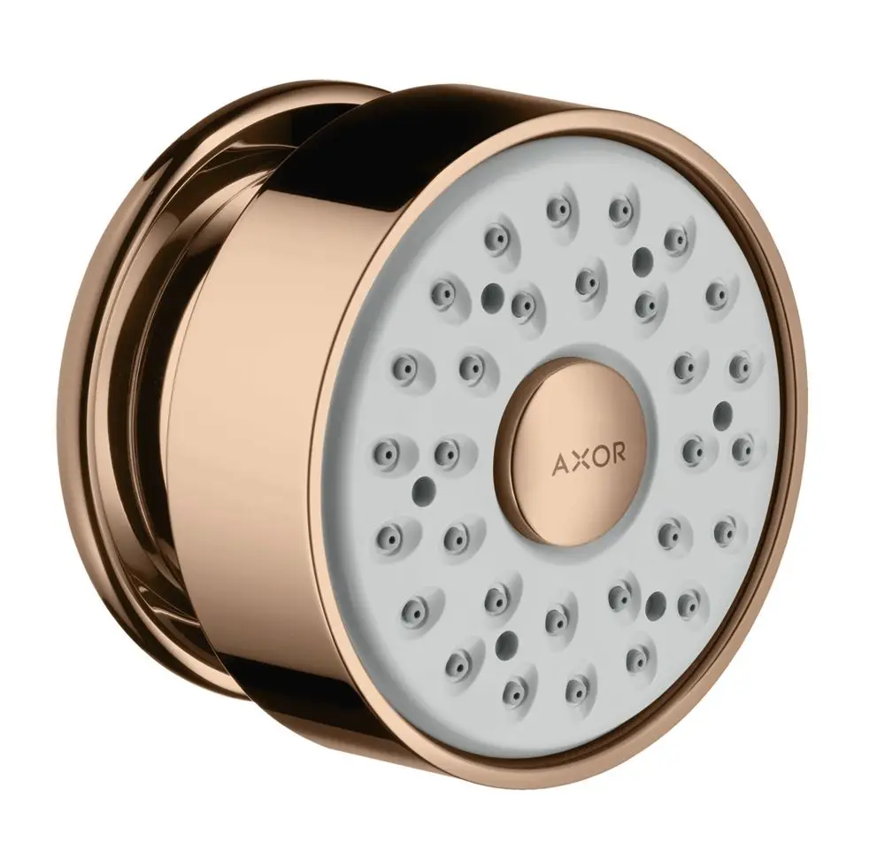 Runde, flache Brause mit mehreren Düsen in Polished Red Gold. Das Produkt gehört zur Marke Hansgrohe.